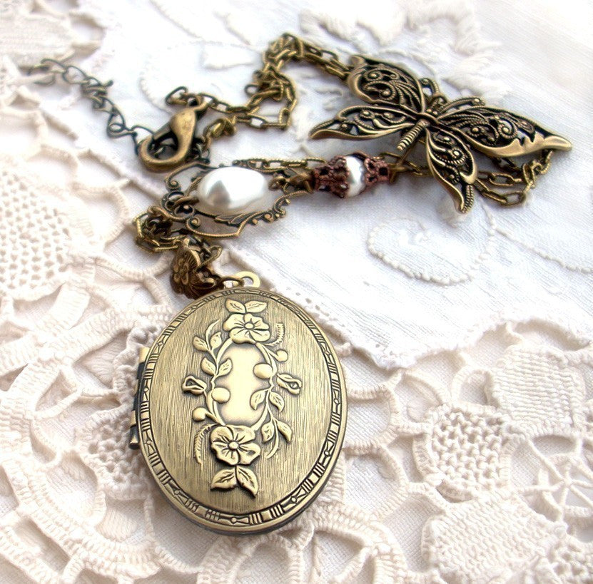 Brass Locket Necklace with Butterfly and Pearls - Aranwen's Jewelry
 - 1