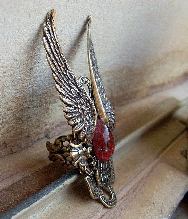 Brass Wings Ring with Red Glass - Aranwen's Jewelry
 - 3