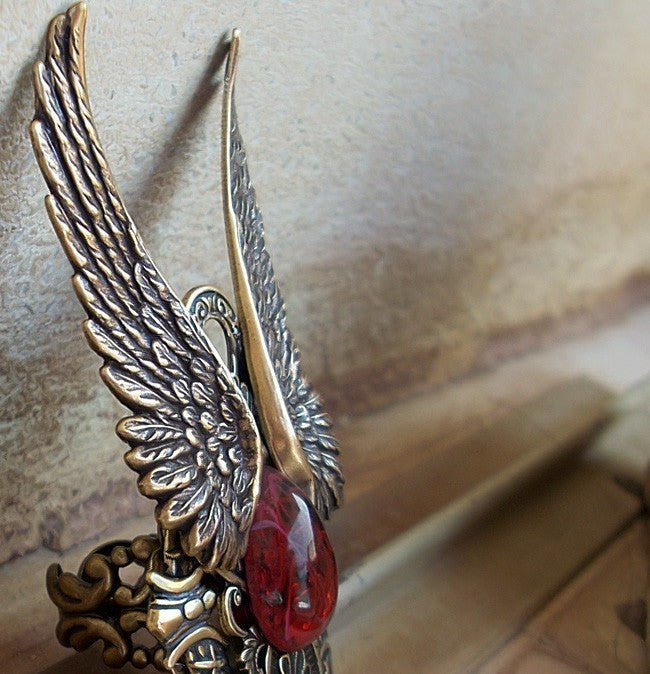 Brass Wings Ring with Red Glass - Aranwen's Jewelry
 - 2
