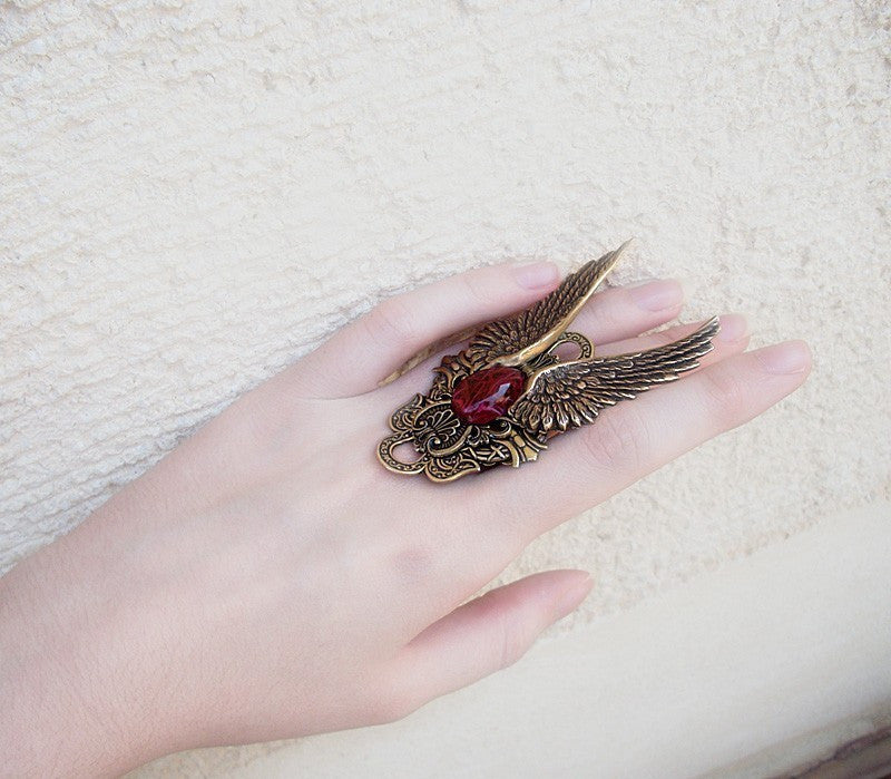 Brass Wings Ring with Red Glass - Aranwen's Jewelry
 - 4