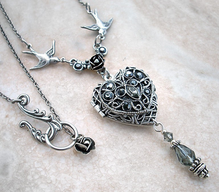 Silver Heart Locket Necklace with Swarovski Crystals - Aranwen's Jewelry
 - 2