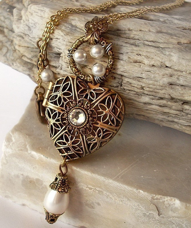 Brass Heart Locket Necklace with White Pearls - Aranwen's Jewelry
 - 3