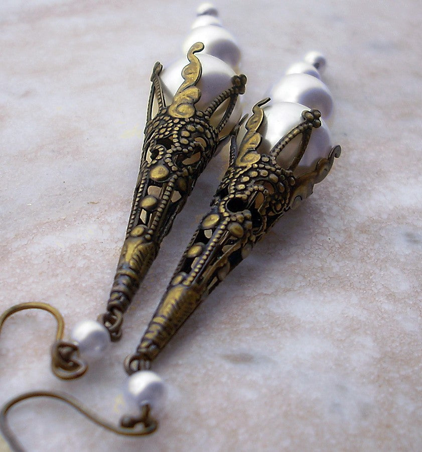 Long White Pearl Earrings with Brass Filigree - Aranwen's Jewelry
 - 3