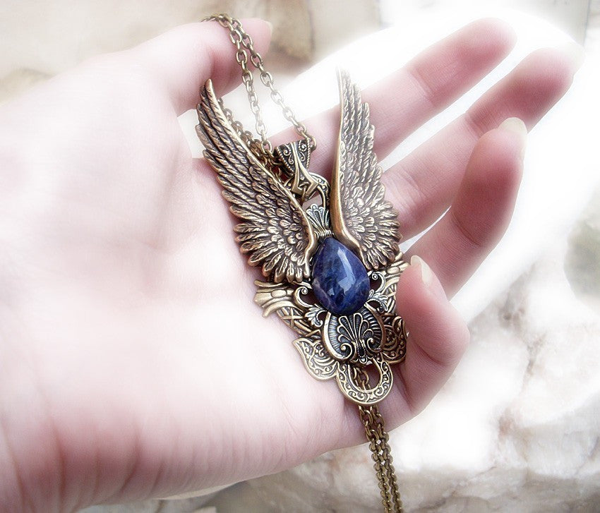 Brass Angel Wings Pendant with Blue Sodalite - Aranwen's Jewelry
 - 2