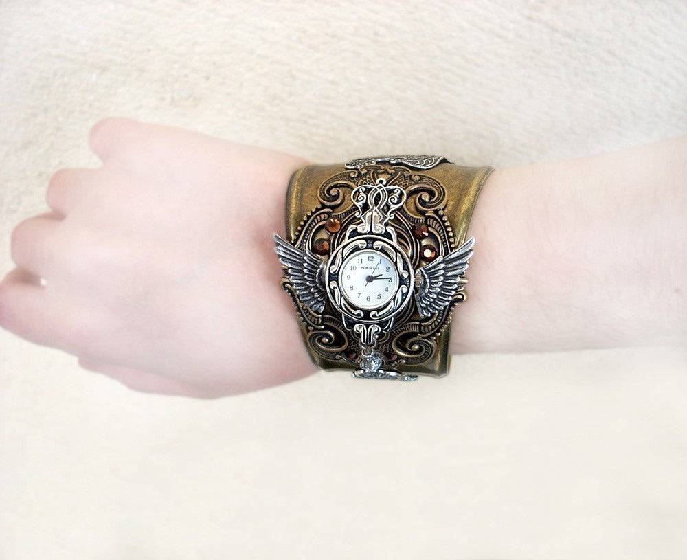 Brass Steampunk Cuff Watch bracelet for men and women with wings –  Aranwen's Jewelry