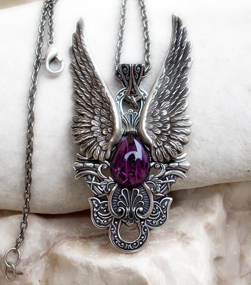 Angel Wings Pendant with Purple Amethyst Glass - Aranwen's Jewelry
 - 2