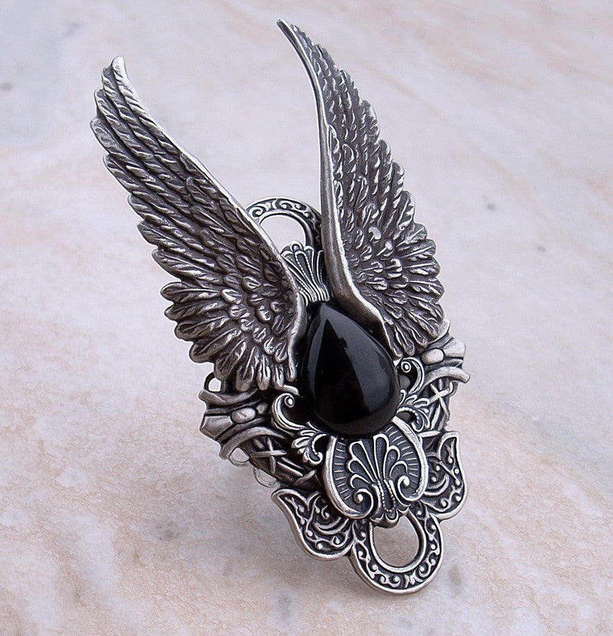 Gothic Angel Wings Ring with Black Onyx - Aranwen's Jewelry
 - 2