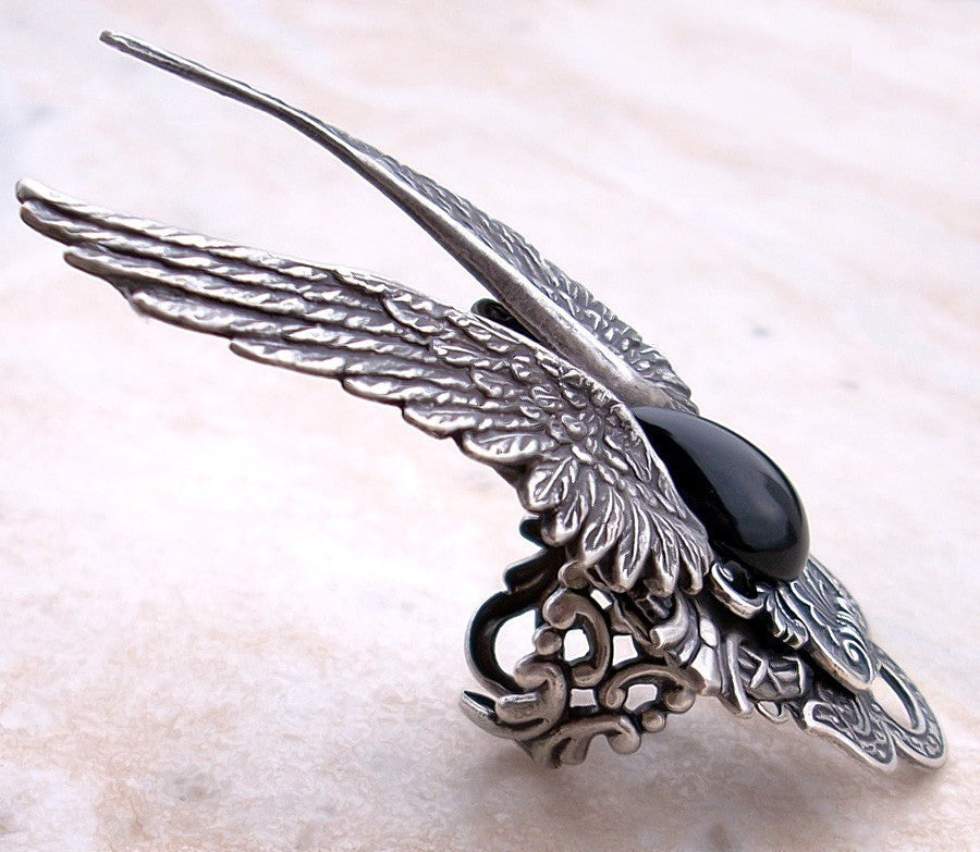 Gothic Angel Wings Ring with Black Onyx - Aranwen's Jewelry
 - 3