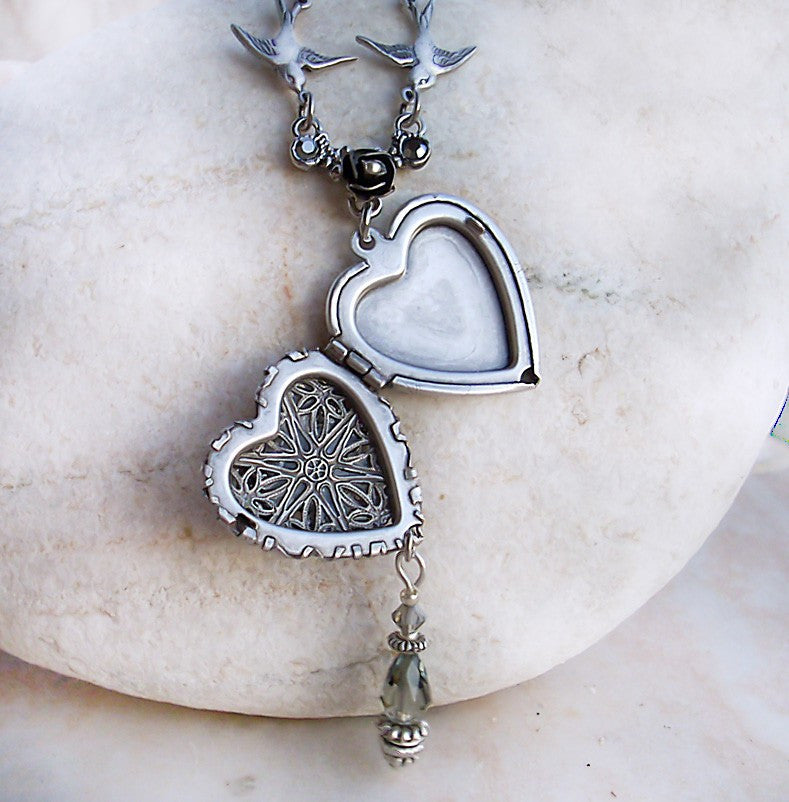 Silver Heart Locket Necklace with Swarovski Crystals - Aranwen's Jewelry
 - 3