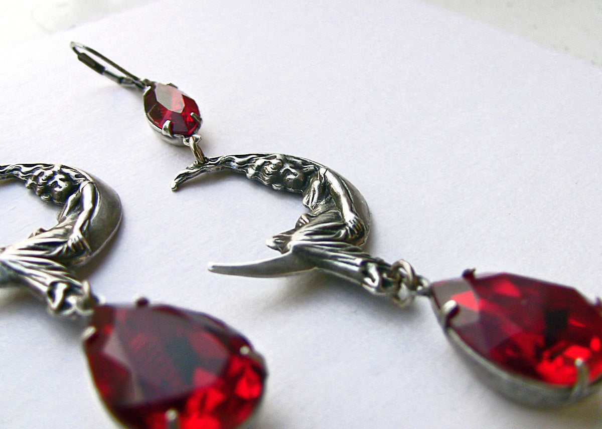 Moon Maiden Earrings with Red Swarovski crystal - Aranwen's Jewelry
 - 3