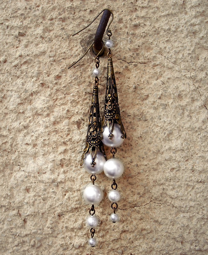Long White Pearl Earrings with Brass Filigree - Aranwen's Jewelry
 - 2