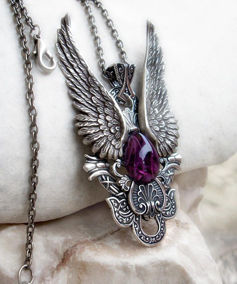 Angel Wings Pendant with Purple Amethyst Glass - Aranwen's Jewelry
 - 1