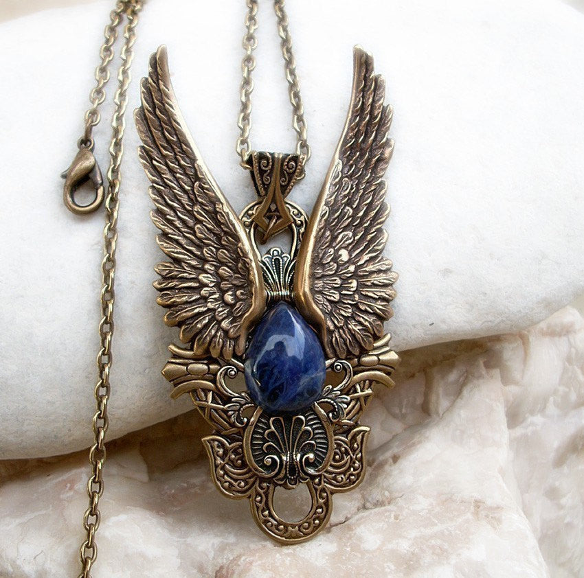 Brass Angel Wings Pendant with Blue Sodalite - Aranwen's Jewelry
 - 1
