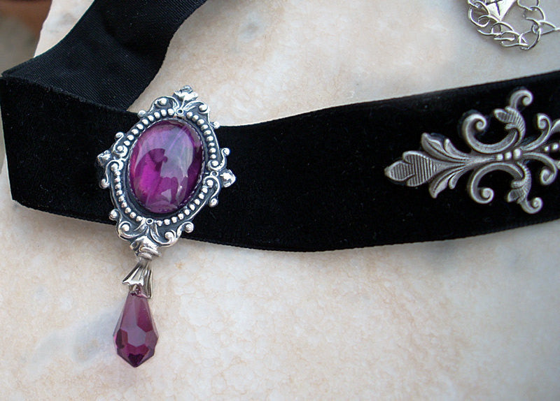 Black Velvet Choker with Purple Glass and Crystal - Aranwen's Jewelry
 - 3