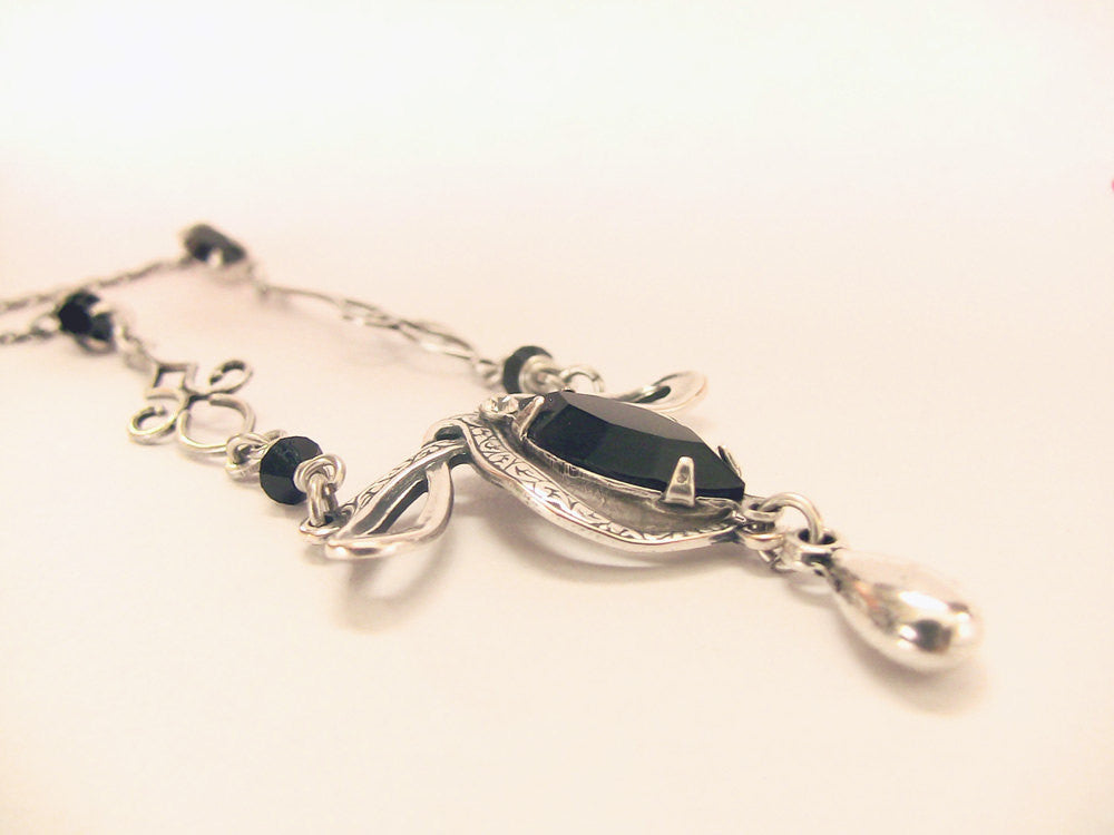 Silver Necklace with Black Swarovski Crystal - Aranwen's Jewelry
 - 2