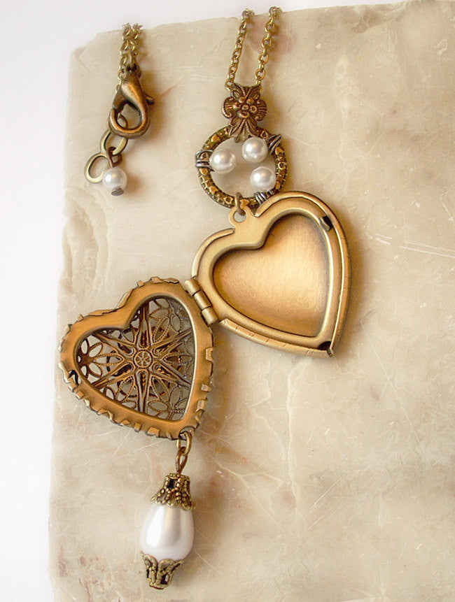 Brass Heart Locket Necklace with White Pearls - Aranwen's Jewelry
 - 2