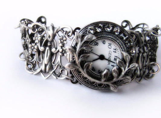 Silver ladies wrist watch bracelet Gothic watch Victorian Jewelry - Aranwen's Jewelry
 - 1