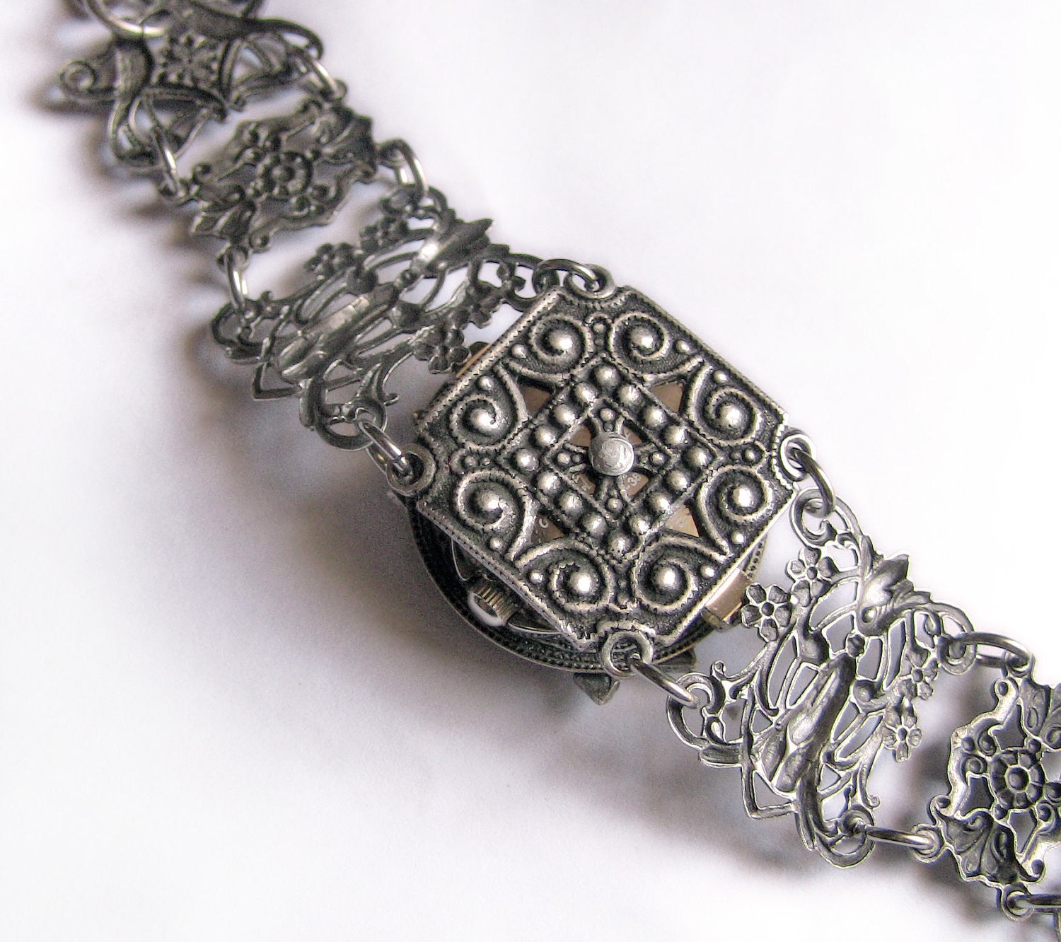 Silver ladies wrist watch bracelet Gothic watch Victorian Jewelry - Aranwen's Jewelry
 - 4