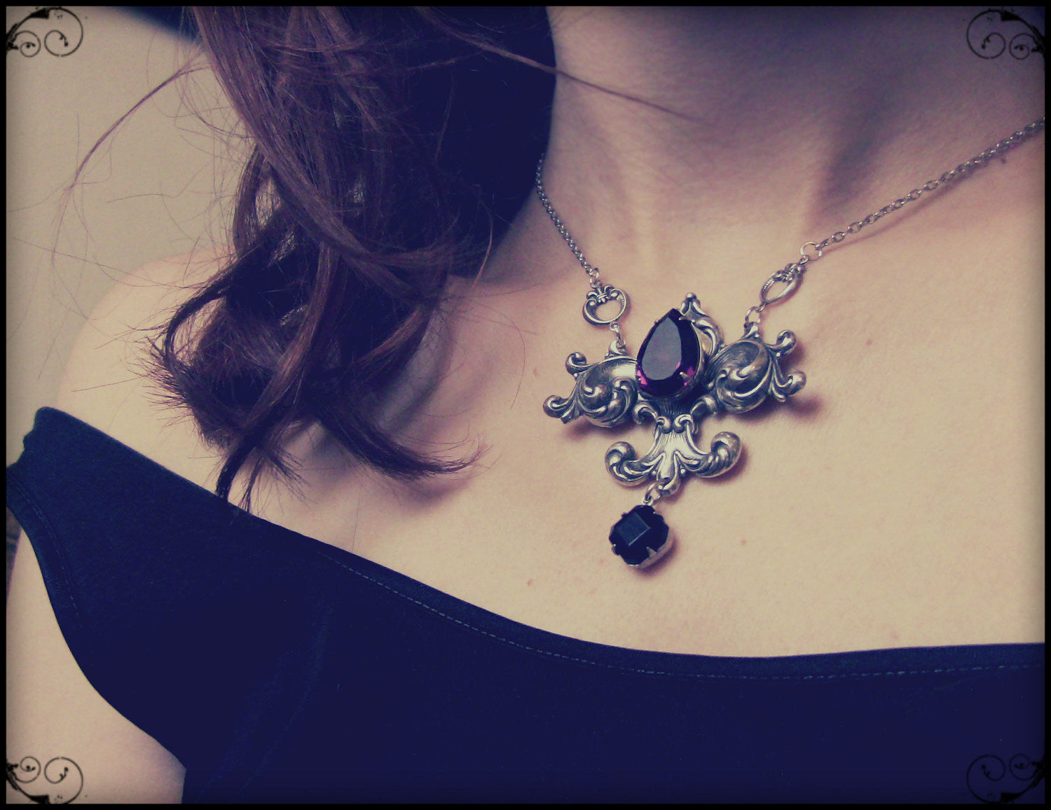 Fleur De Lys Necklace with Black and Purple Swarovski Crystals - Aranwen's Jewelry
 - 4