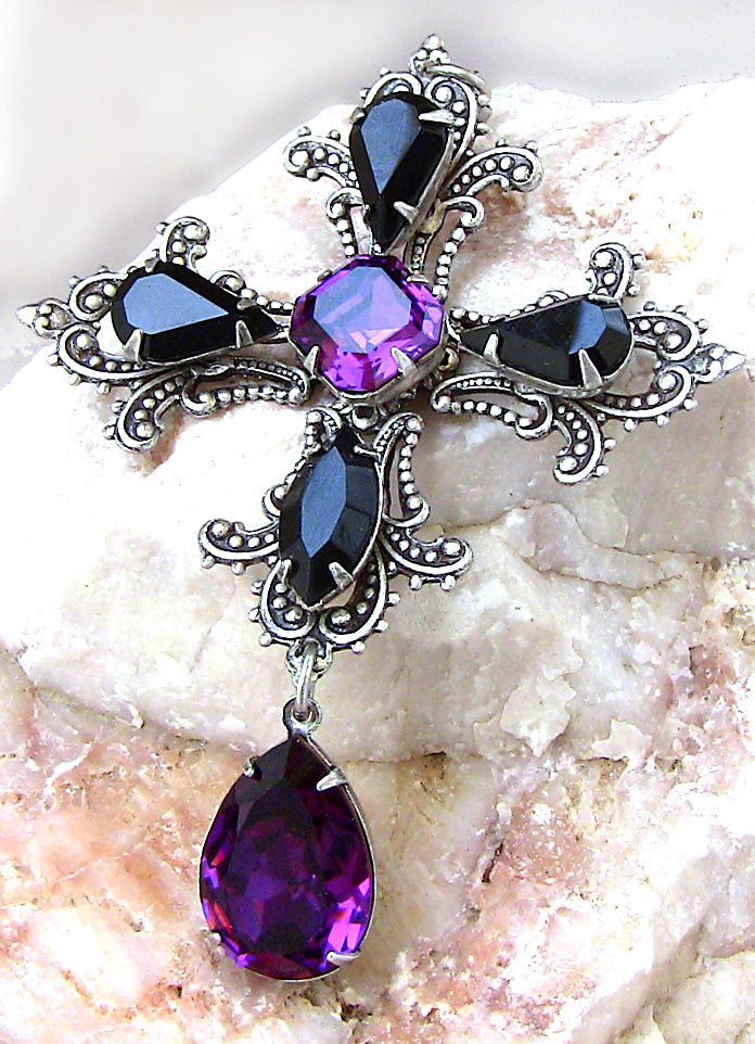 Gothic Cross Pendant with Purple and Black Swarovski Crystals - Aranwen's Jewelry
 - 3