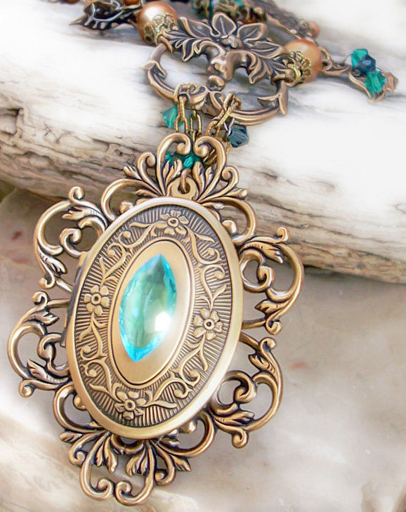 Brass Locket Necklace with Green and Gold Crystals - Aranwen's Jewelry
 - 1