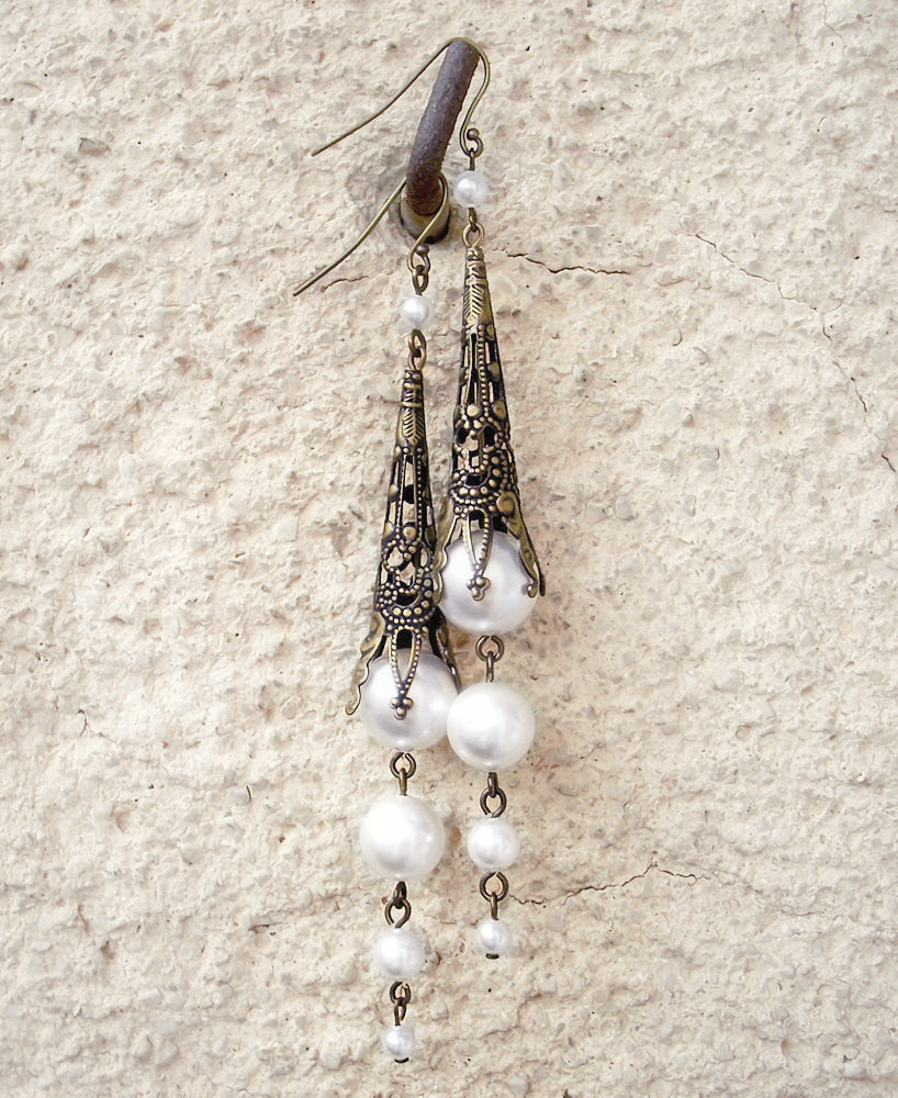 Long White Pearl Earrings with Brass Filigree - Aranwen's Jewelry
 - 1
