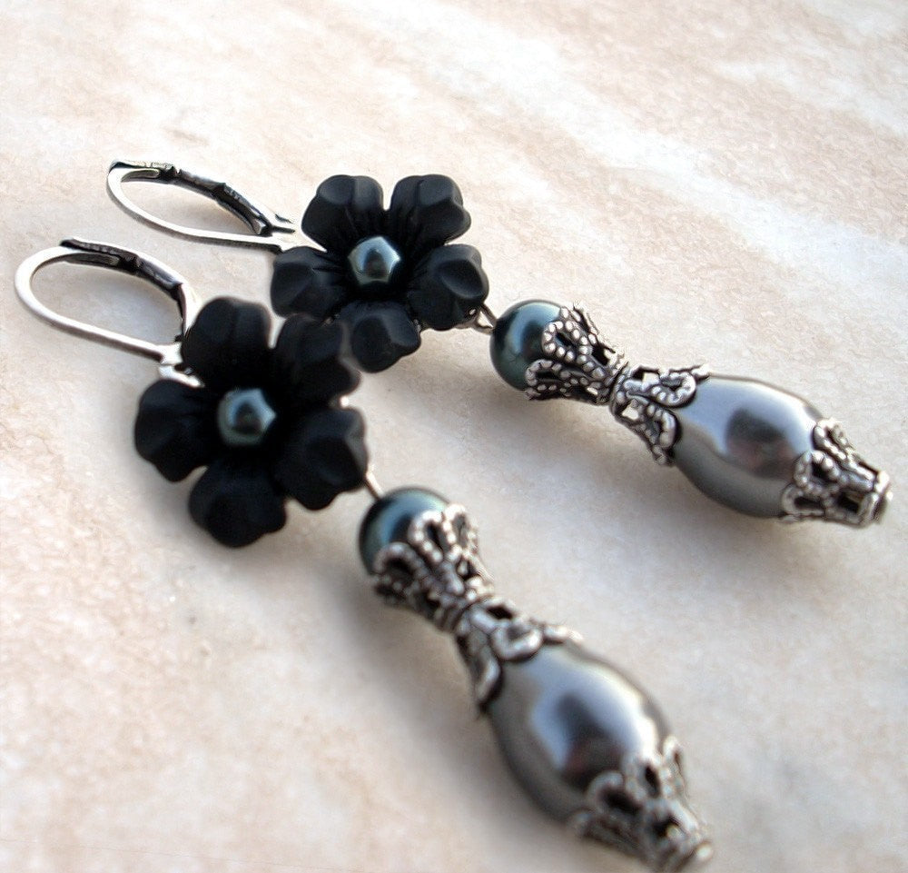 Black Pearl Earrings with Lucite Flowers - Aranwen's Jewelry
 - 1