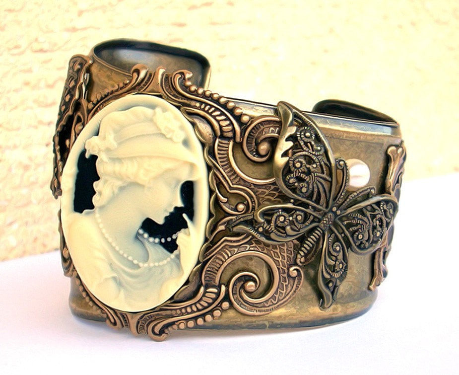 Cameo Brass Cuff Bracelet - Aranwen's Jewelry
 - 1