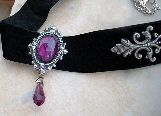 Black Velvet Choker with Purple Glass and Crystal - Aranwen's Jewelry
 - 1