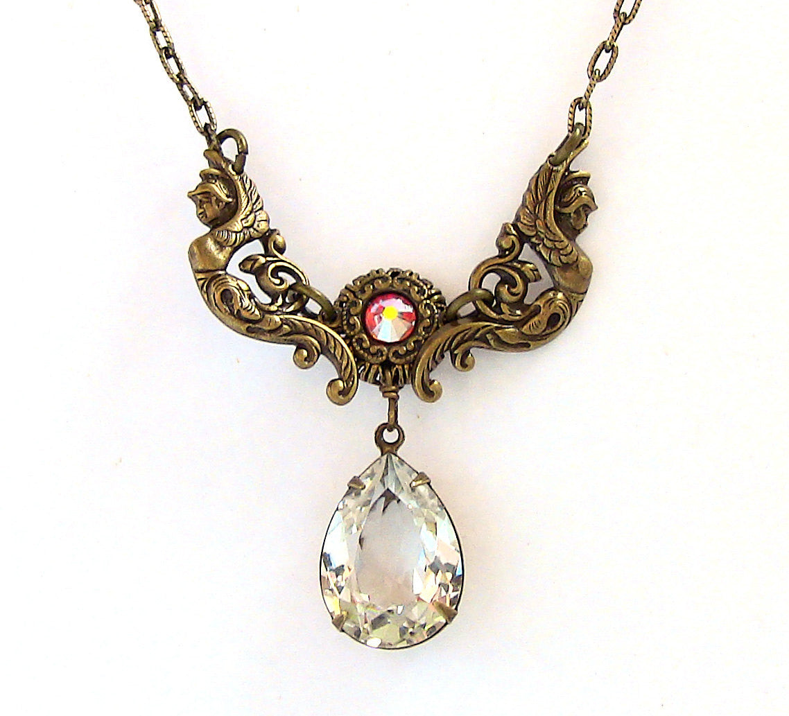 Vintage Brass Necklace with Swarovski Crystal - Aranwen's Jewelry
 - 1
