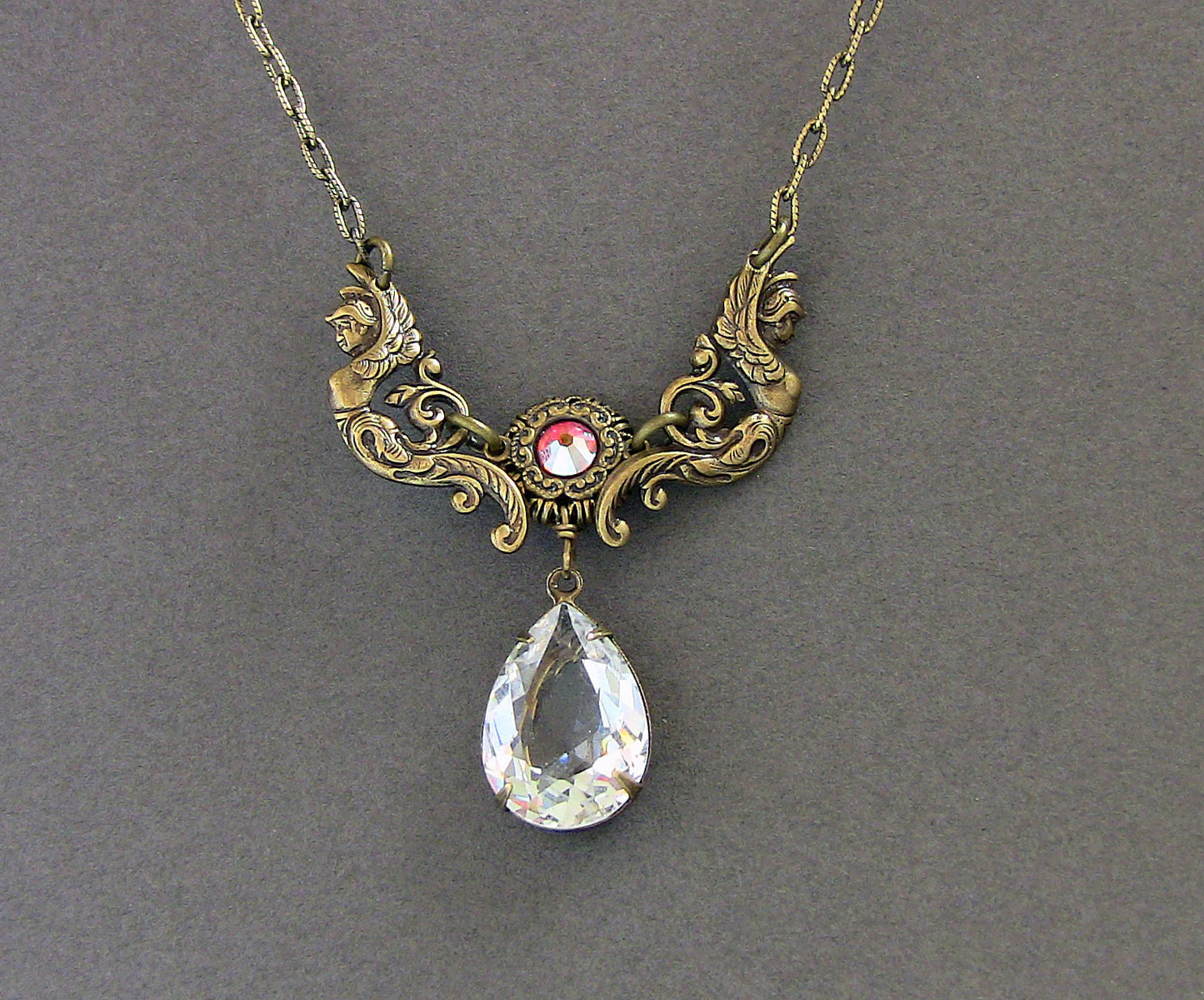 Vintage Brass Necklace with Swarovski Crystal - Aranwen's Jewelry
 - 2