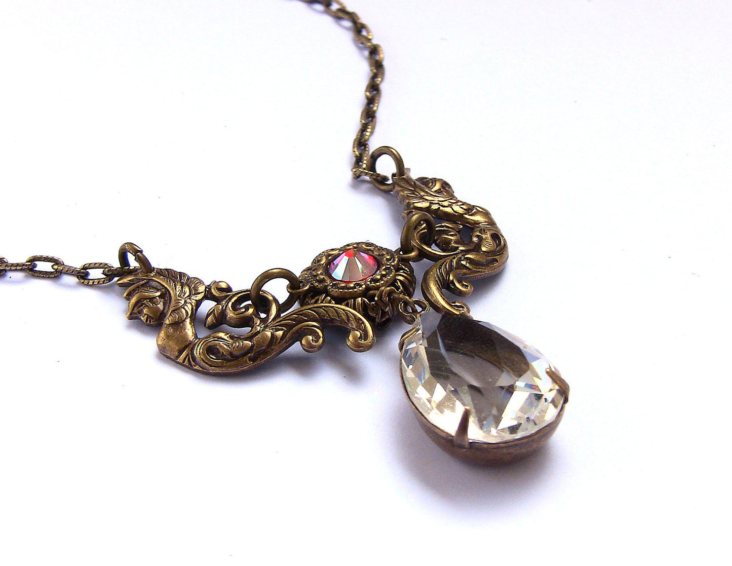 Vintage Brass Necklace with Swarovski Crystal - Aranwen's Jewelry
 - 3