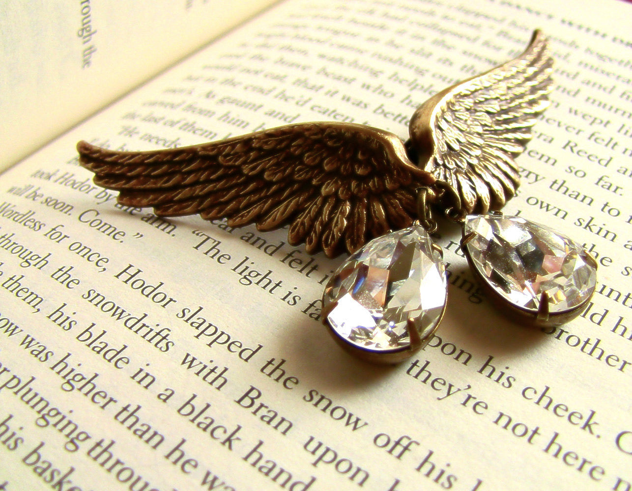 Brass Wings Earrings with Swarovski Crystal Drops - Aranwen's Jewelry
 - 2
