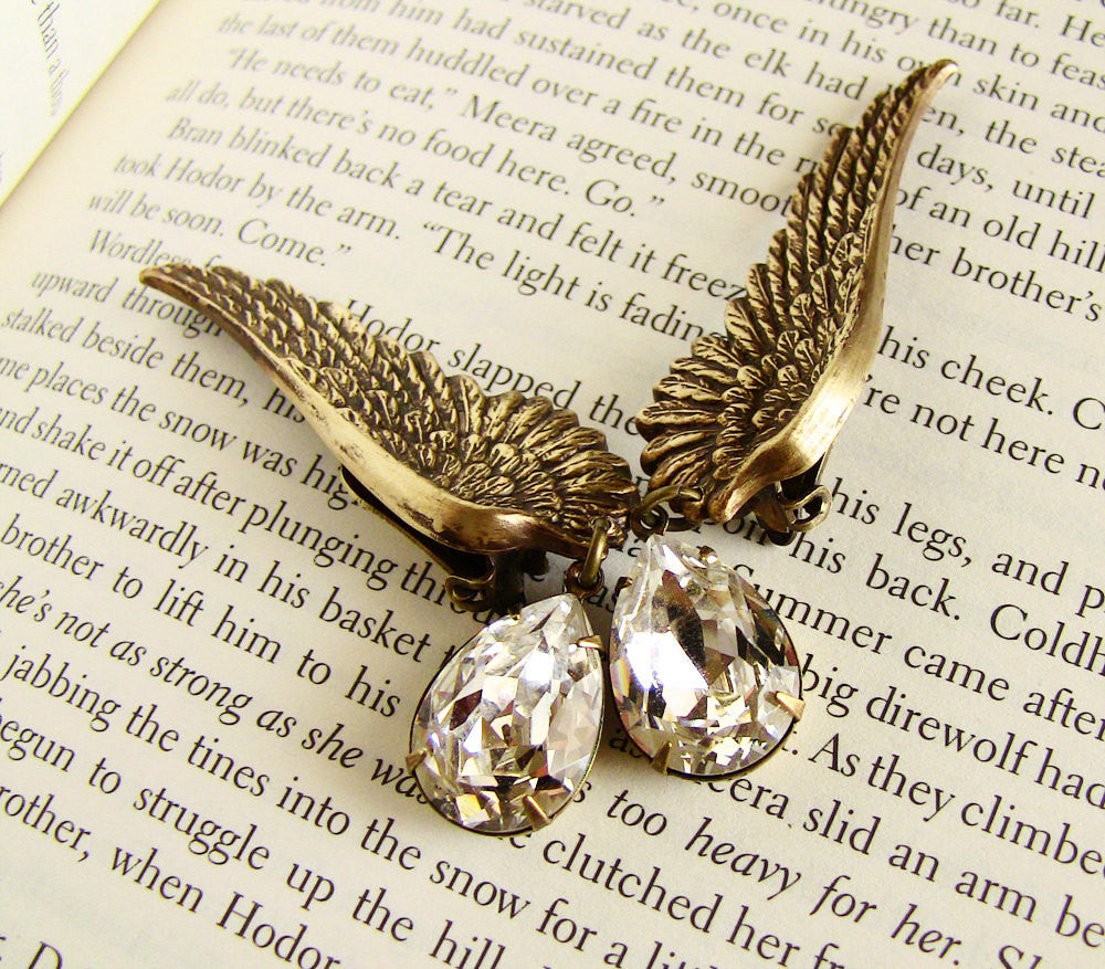Brass Wings Earrings with Swarovski Crystal Drops - Aranwen's Jewelry
 - 1