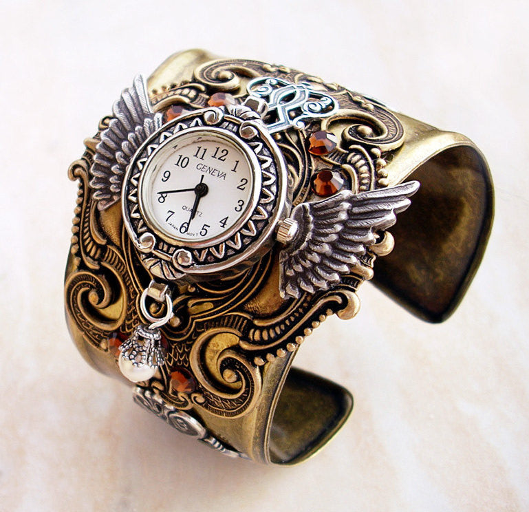 Brass Steampunk Cuff Watch bracelet for men and women with wings –  Aranwen's Jewelry