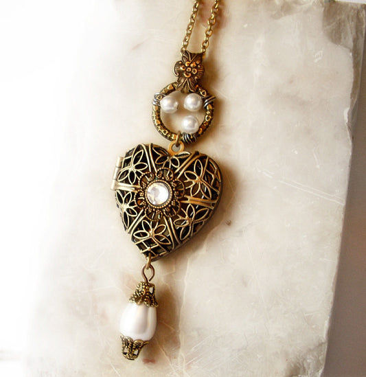 Brass Heart Locket Necklace with White Pearls - Aranwen's Jewelry
 - 1