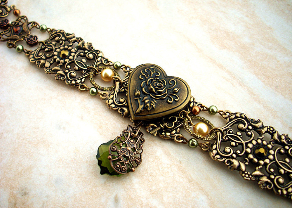 Vintage Brass Locket Choker with Green Crystals - Aranwen's Jewelry
 - 3