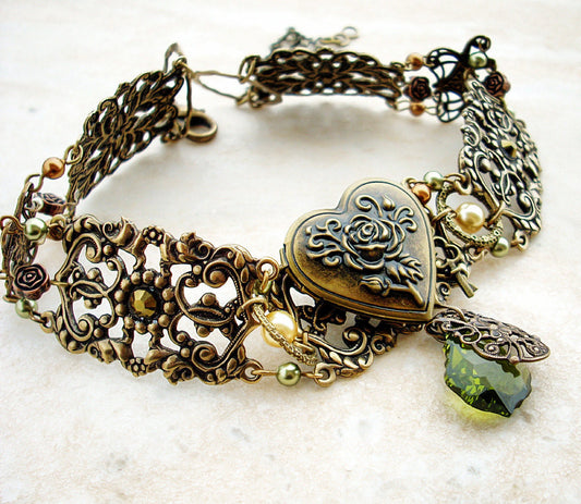 Vintage Brass Locket Choker with Green Crystals - Aranwen's Jewelry
 - 1