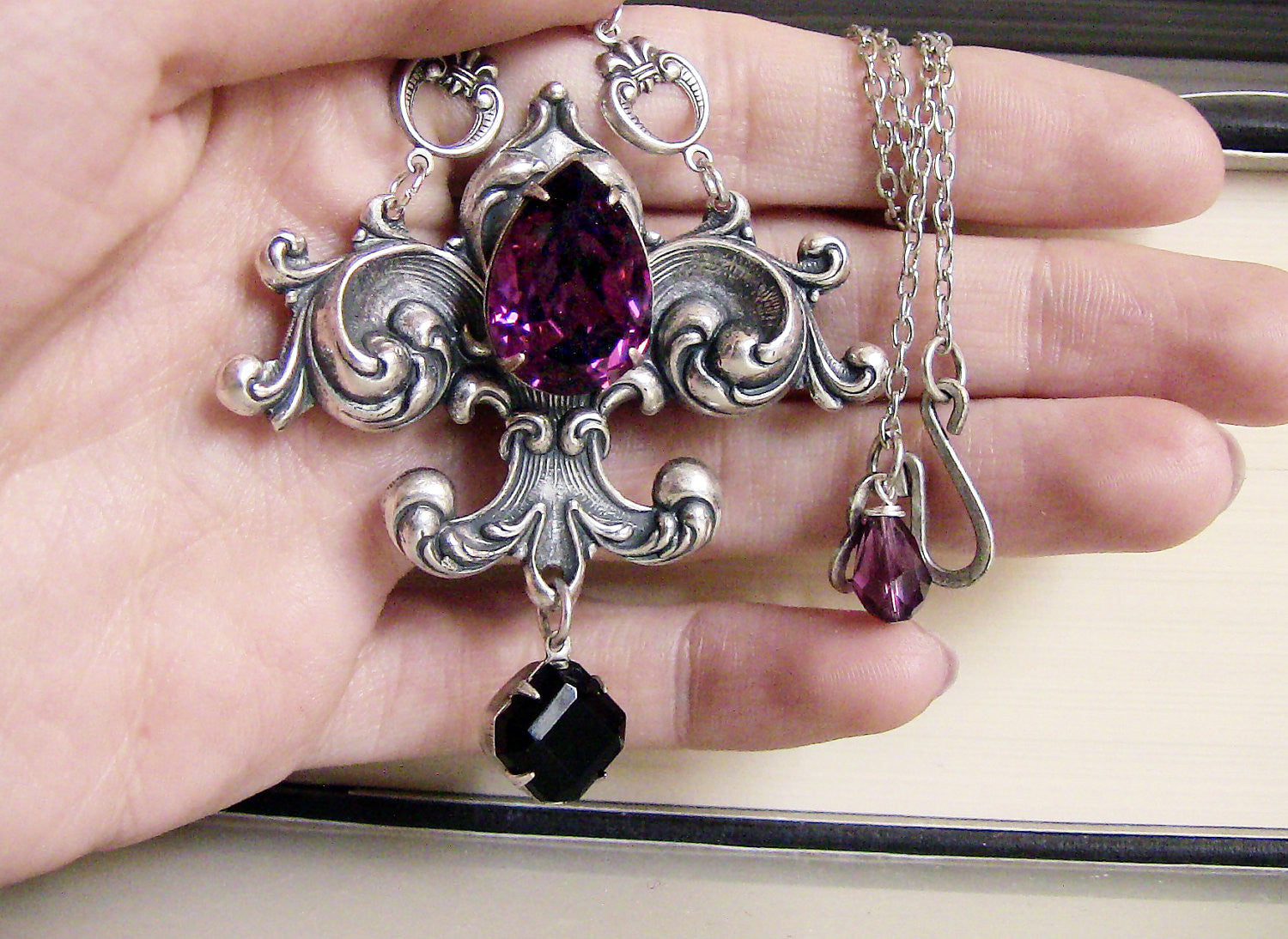 Fleur De Lys Necklace with Black and Purple Swarovski Crystals - Aranwen's Jewelry
 - 3