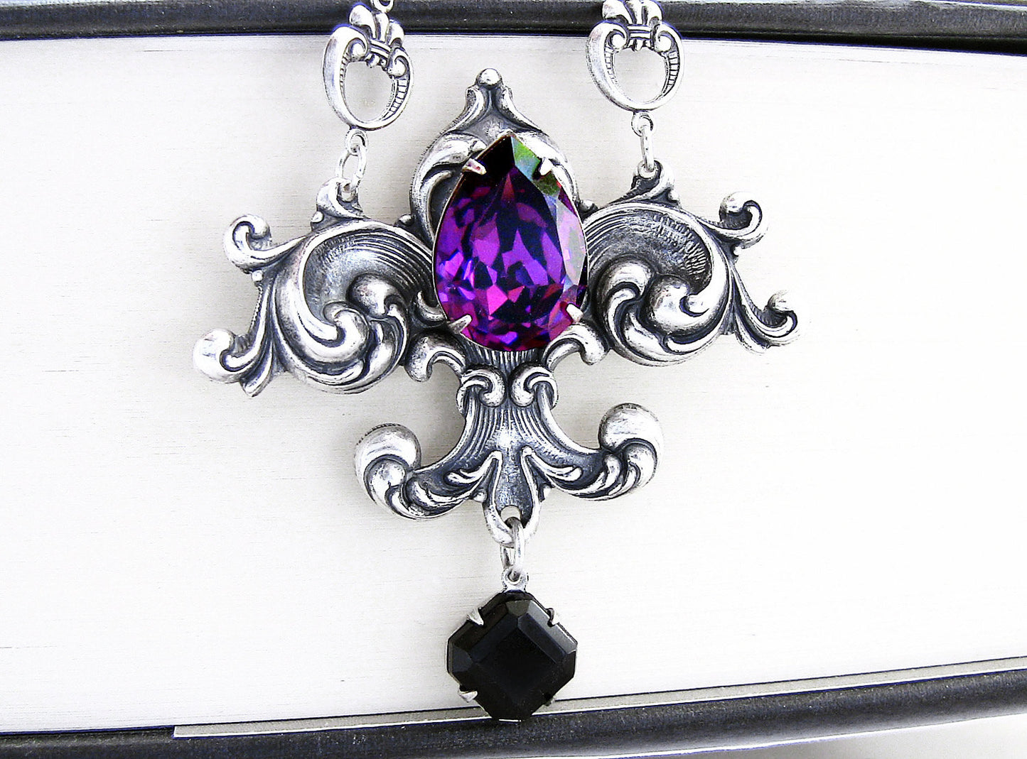 Fleur De Lys Necklace with Black and Purple Swarovski Crystals - Aranwen's Jewelry
 - 2