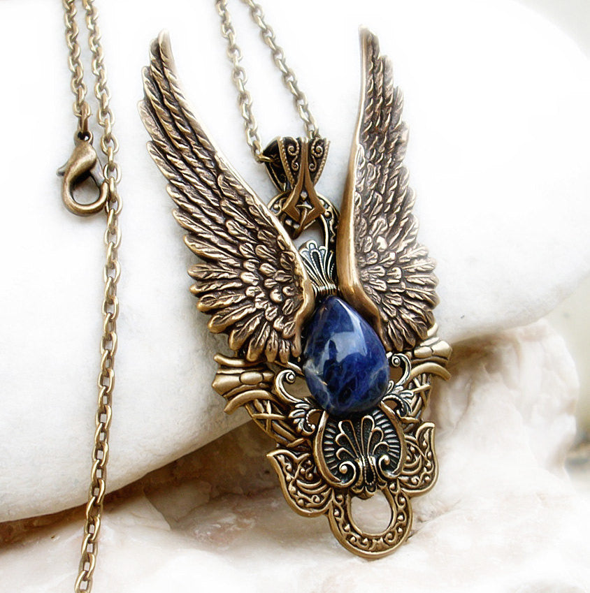 Brass Angel Wings Pendant with Blue Sodalite - Aranwen's Jewelry
 - 3