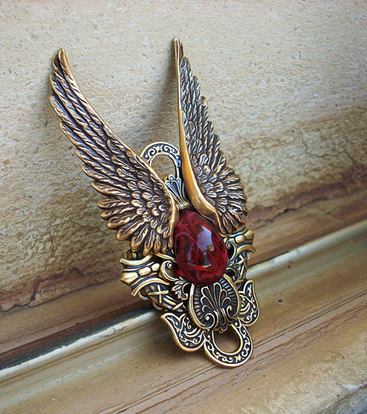 Brass Wings Ring with Red Glass - Aranwen's Jewelry
 - 1