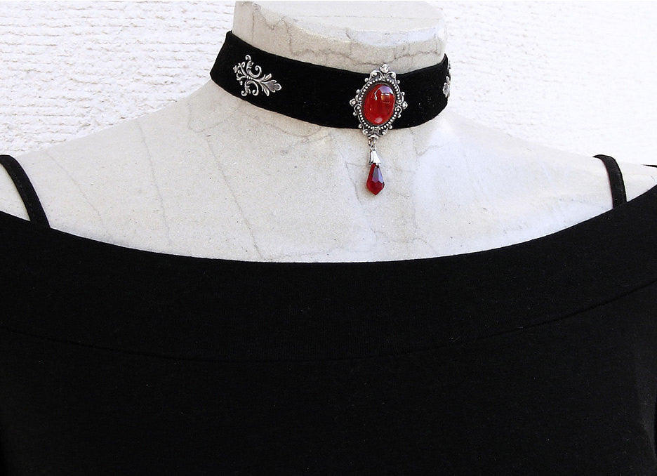 Black Velvet Choker with Red Crystal - Aranwen's Jewelry
 - 1