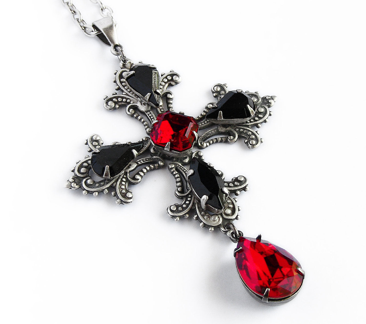 Vintage Czech 3 strand necklace black vitrail red glass beads