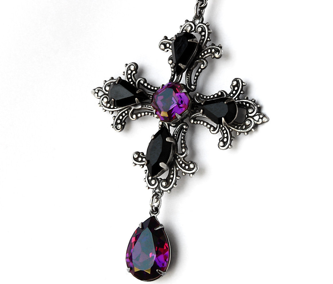 Gothic Cross Pendant with Purple and Black Swarovski Crystals - Aranwen's Jewelry
 - 1