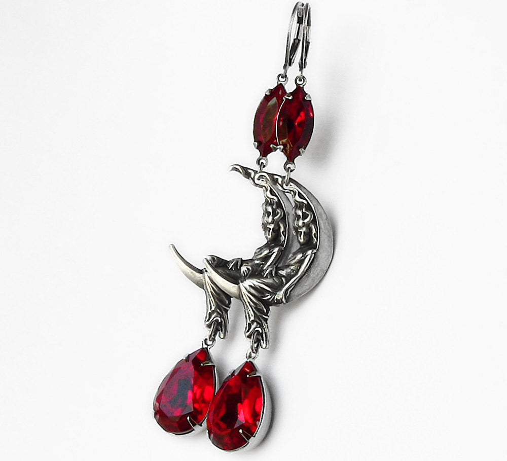 Moon Maiden Earrings with Red Swarovski crystal - Aranwen's Jewelry
 - 1