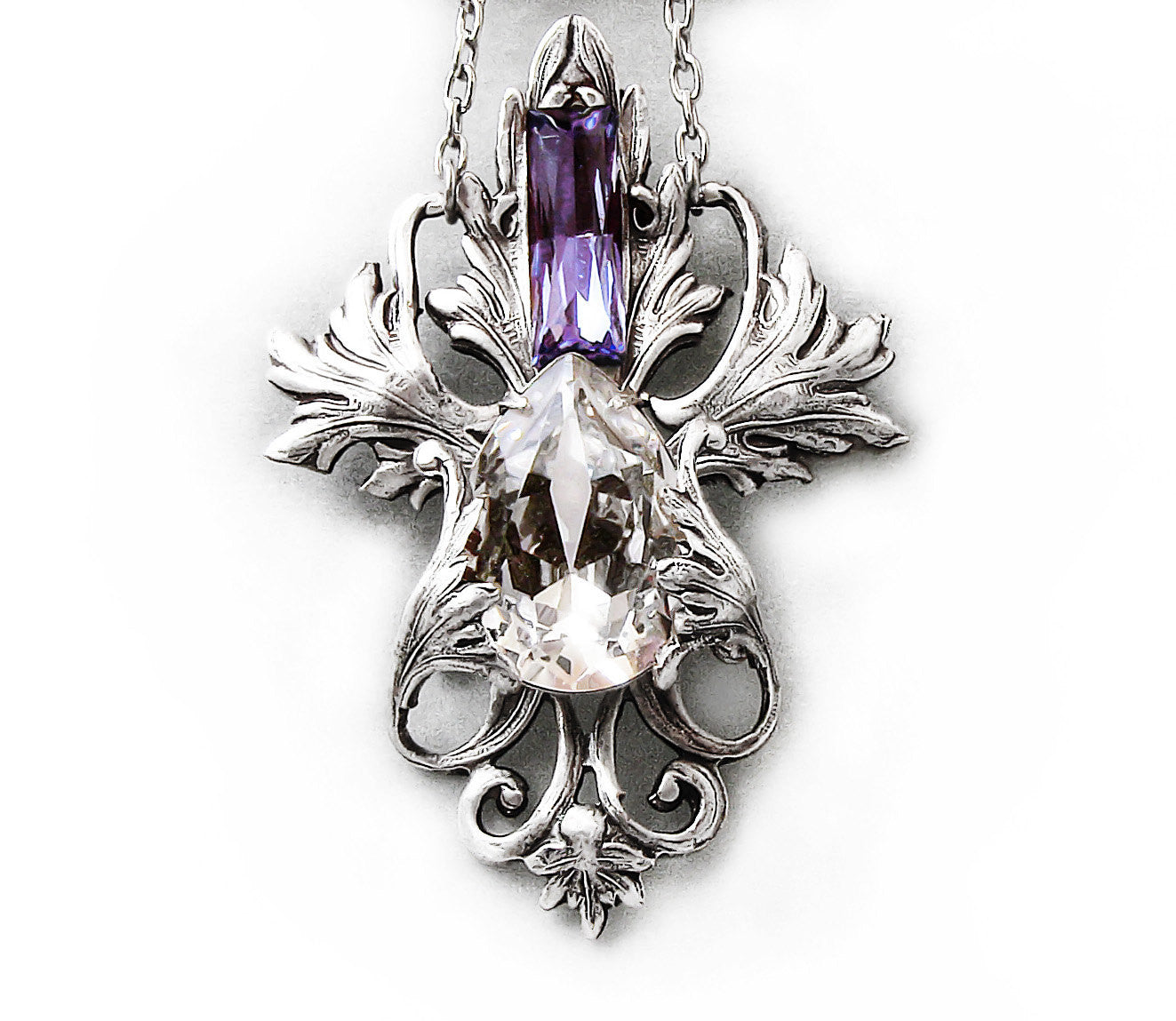 Victorian Silver Necklace with Tanzanite and Clear Crystals - Aranwen's Jewelry
 - 1