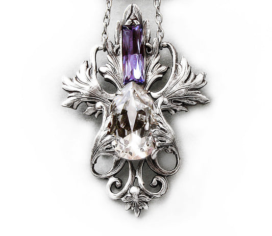 Victorian Silver Necklace with Tanzanite and Clear Crystals - Aranwen's Jewelry
 - 1