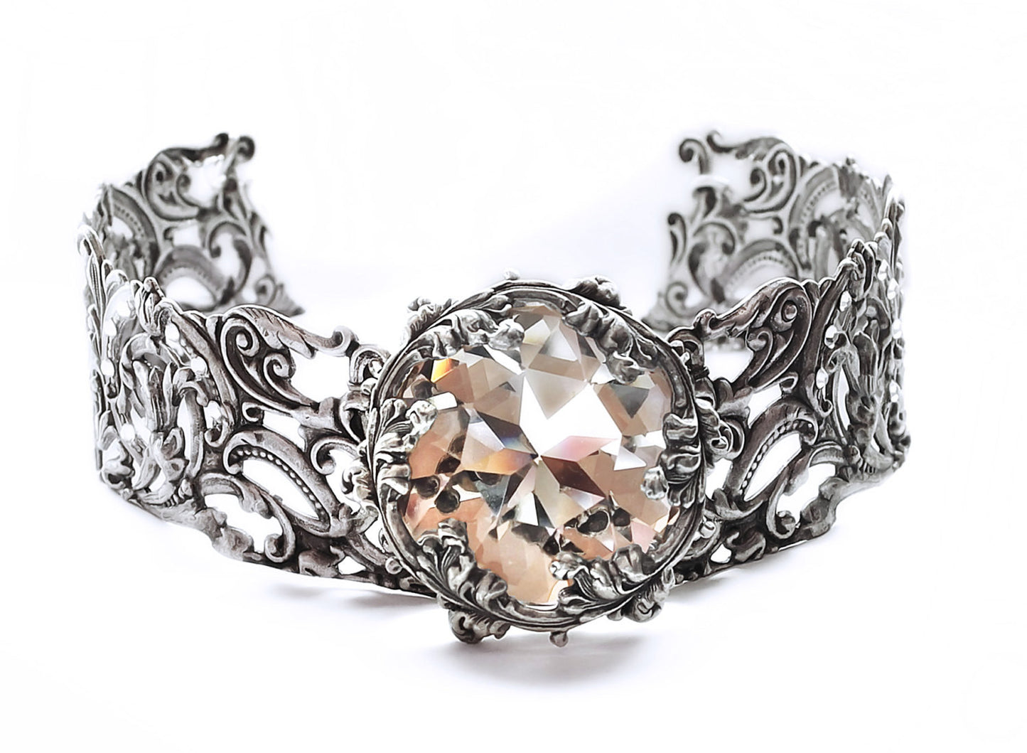 Silver Filigree Choker with Clear Swarovski Crystal - Aranwen's Jewelry
 - 2