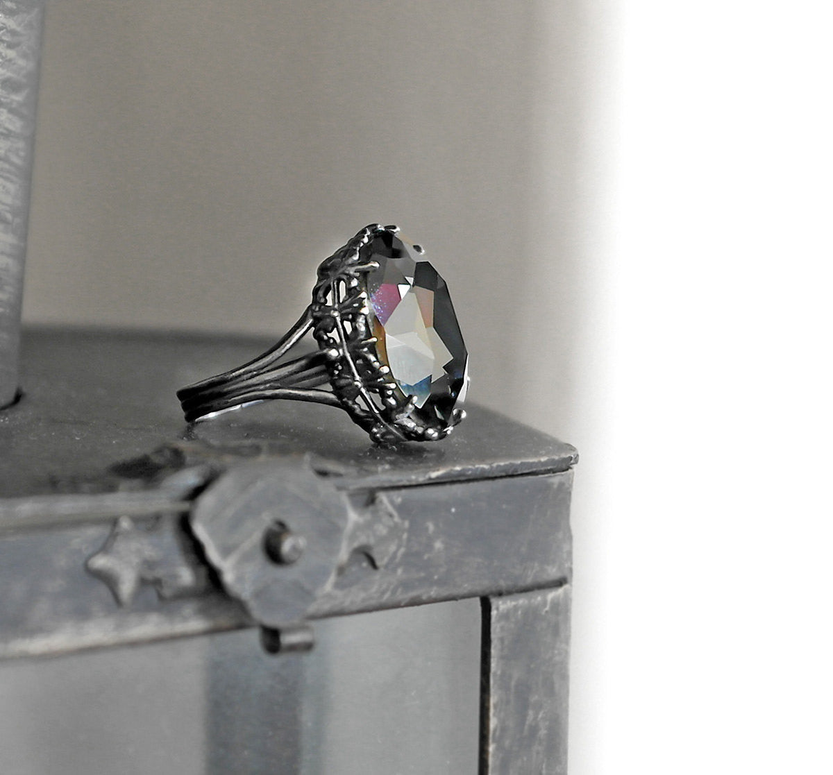 Gothic Engagement Ring with Gray Swarovski Crystal - Aranwen's Jewelry
 - 4
